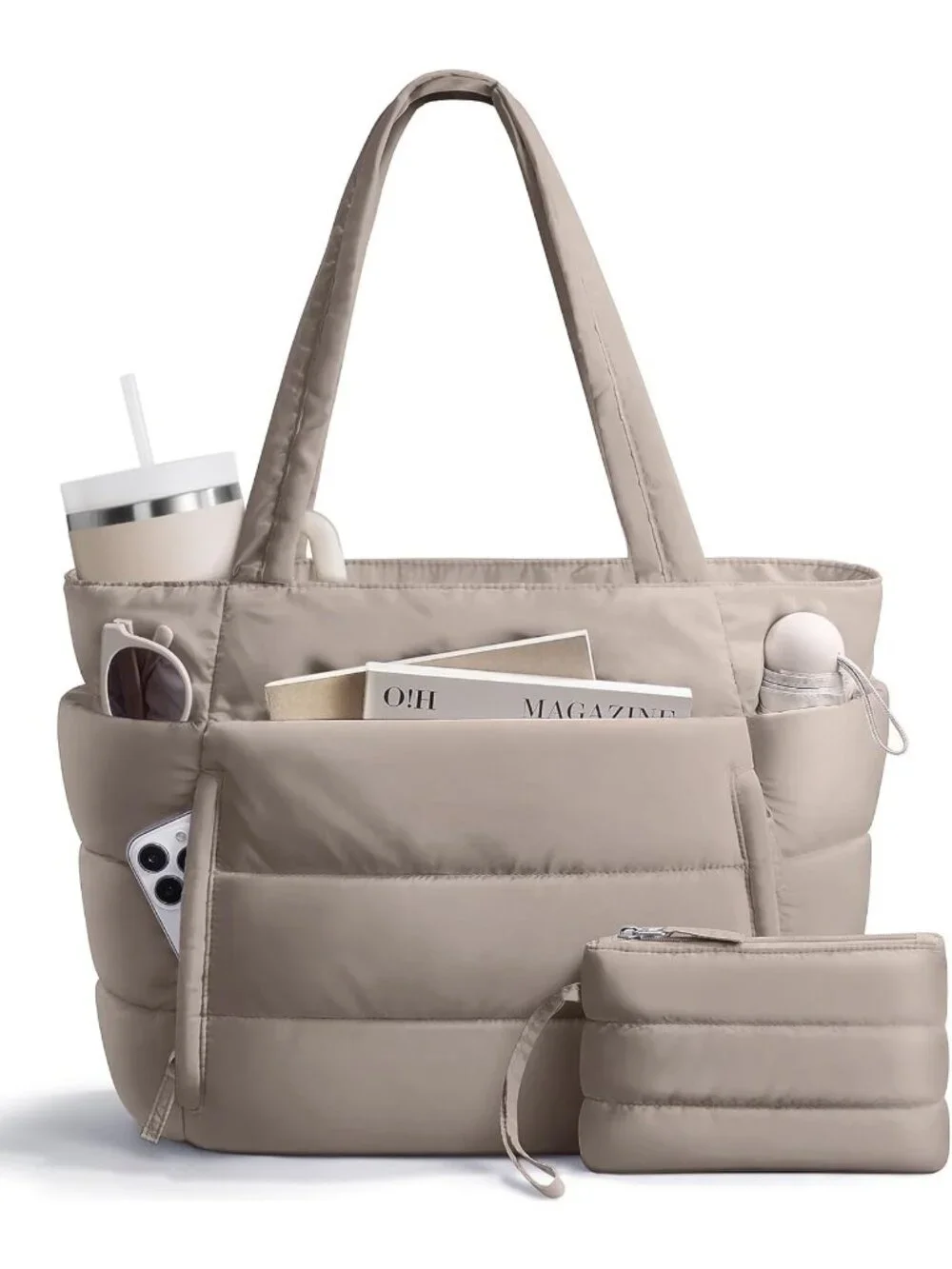 👜Women's Oatmeal Puffer Tote Bag 16 Pockets Work Gym Travel Laptop Handbag